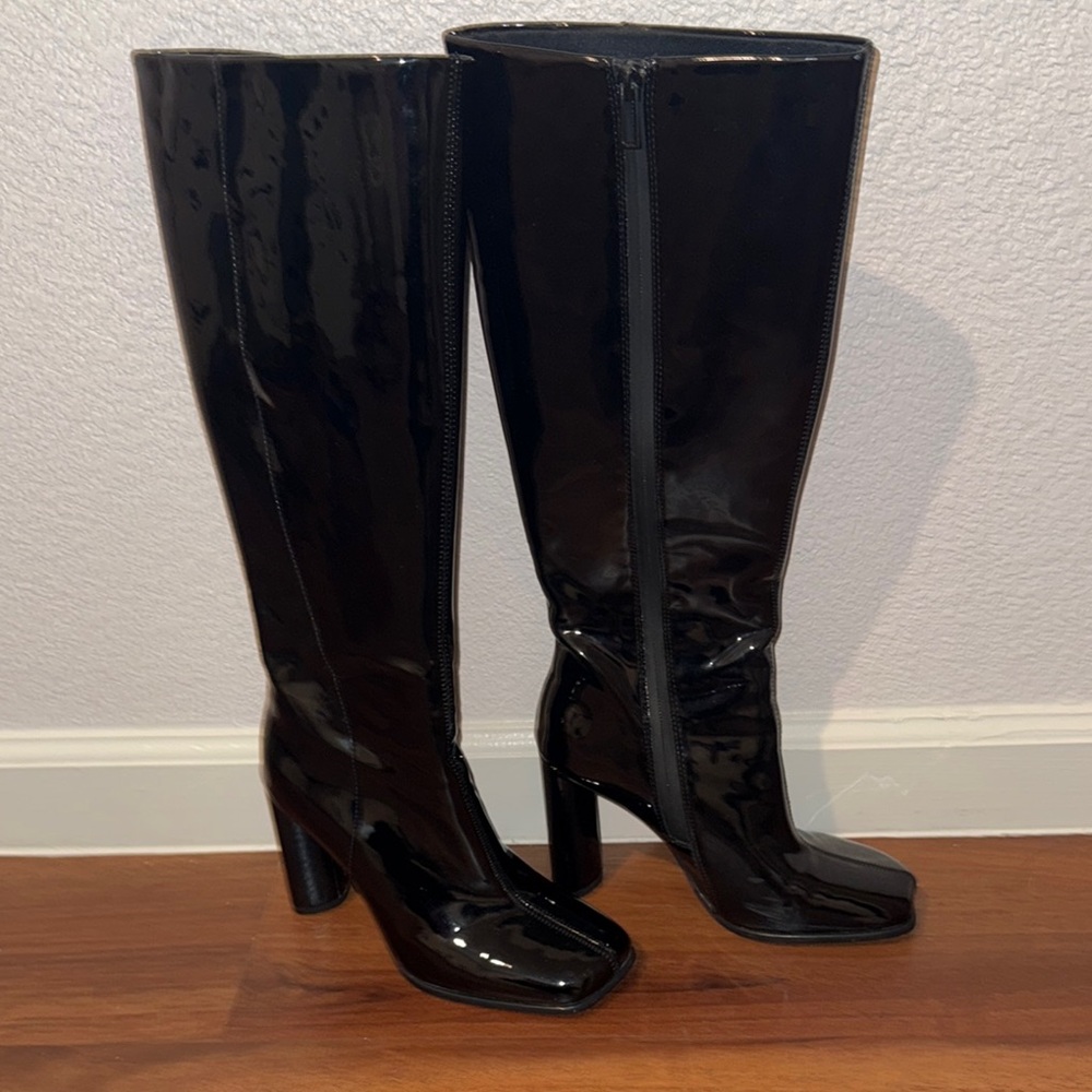 ZARA Black Patent Leather Knee-High Boots